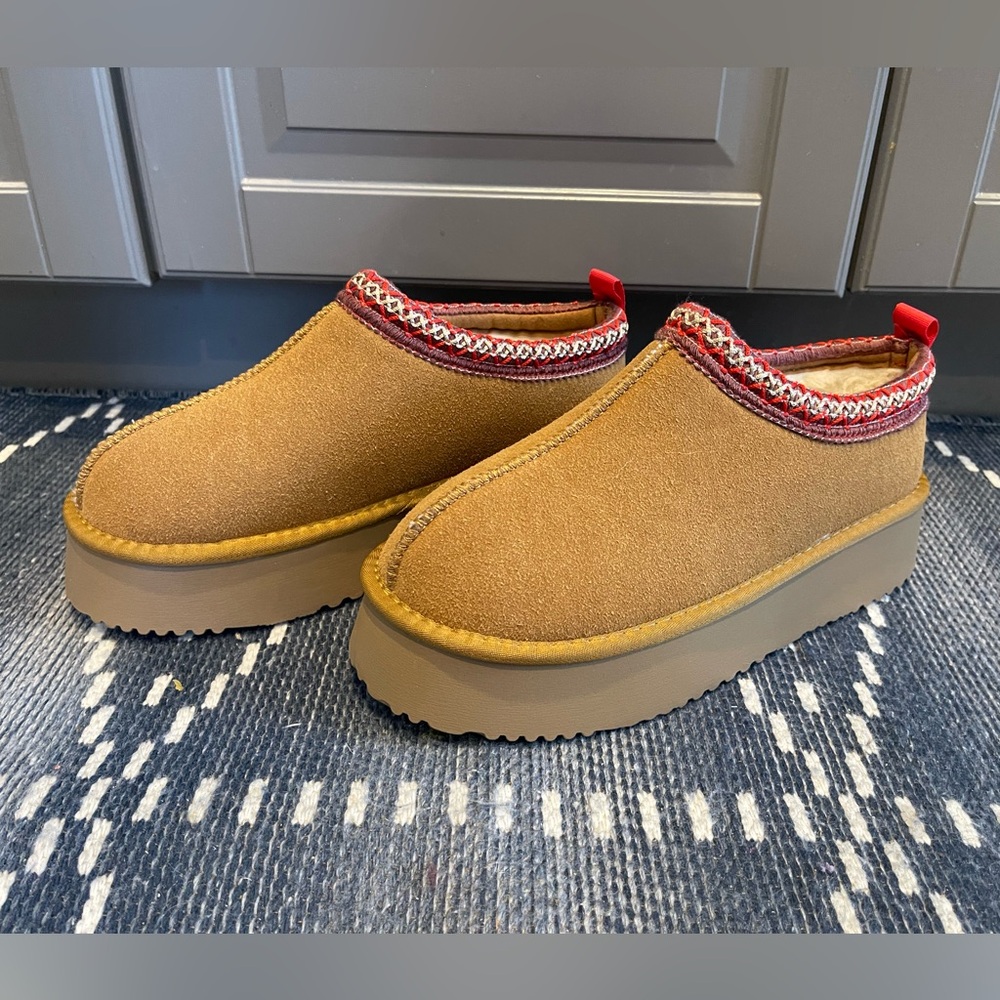 Chestnut Suede Platform Slip-On Mules with Red Trim